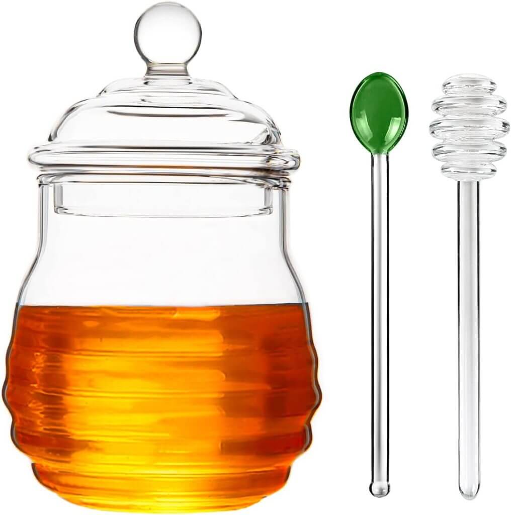 5 small honey jars with dippers
